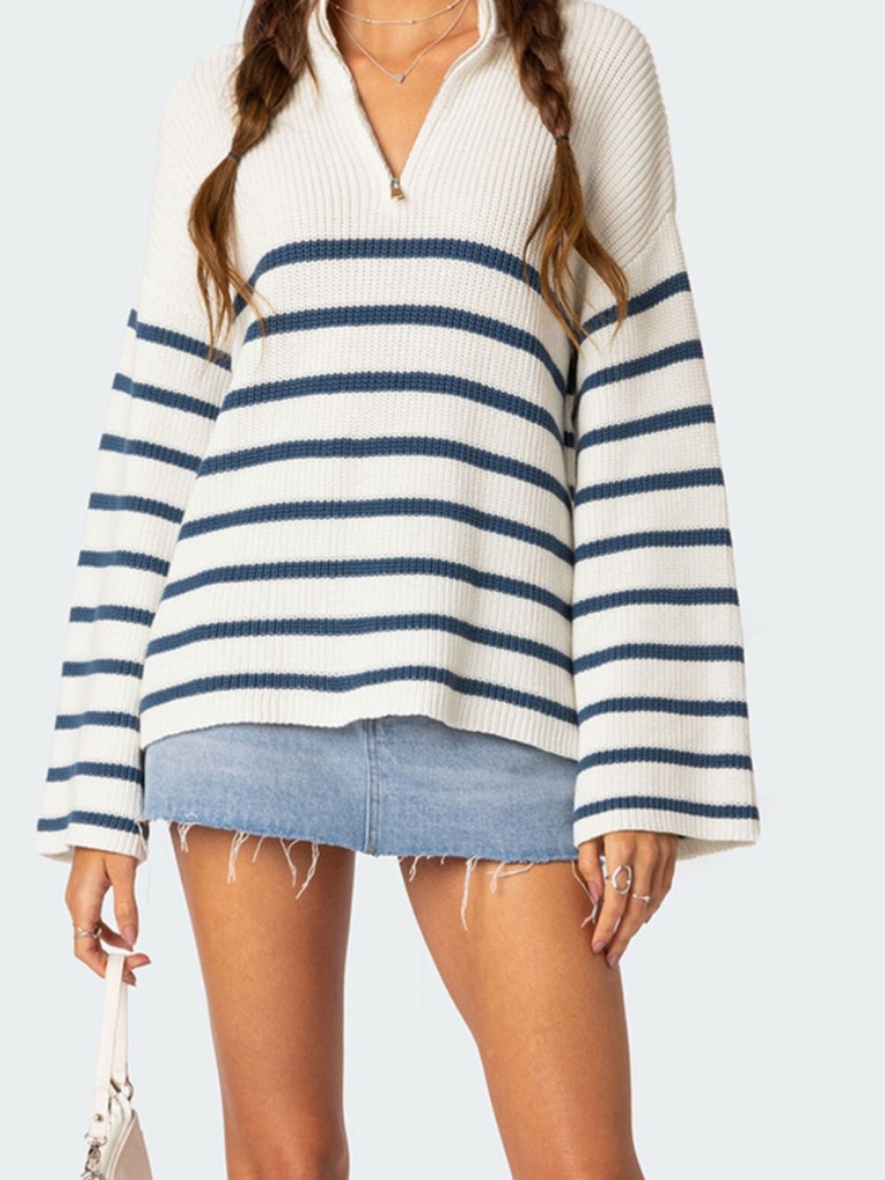 Edikted Striped Ribbed Half‑Zip Oversized V‑Neck Sweater